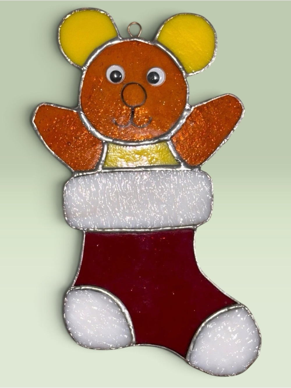 VTG Stained Glass Teddy Bear in Christmas Stocking Suncatcher / Ornament 8.5”